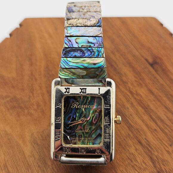 Ronica Gold Tone Rectangle Abalone Shell Face Roman Numeral Artsy Maximalist - Picture 4 of 8